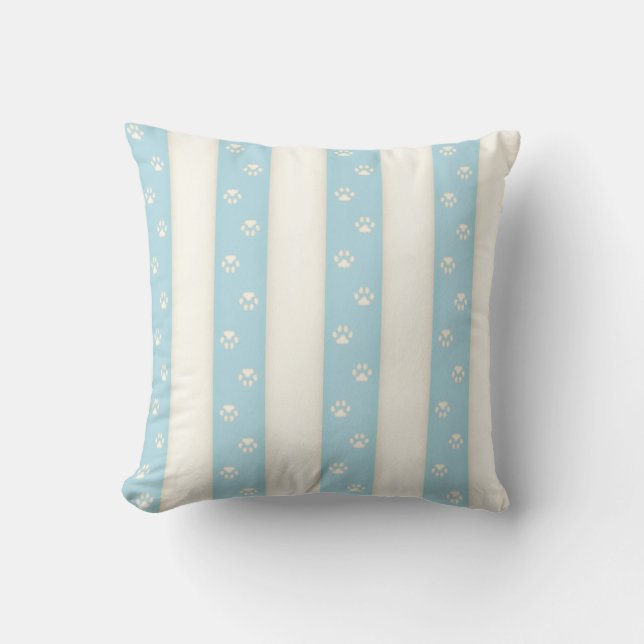 Dog Paw Prints on Pale Blue & Antique White Stripe Cushion (Front)