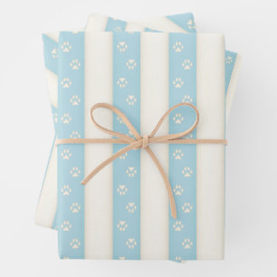 Dog Paw Prints on Pale Blue & Antique White Wrapping Paper Sheet
