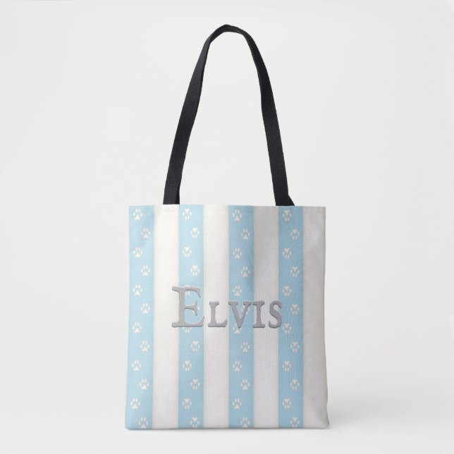 Dog Paw Prints on Pale Blue & White Stripes Custom Tote Bag (Front)