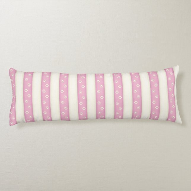 Dog Paw Prints on Pink & Antique White Stripes Body Cushion (Back)