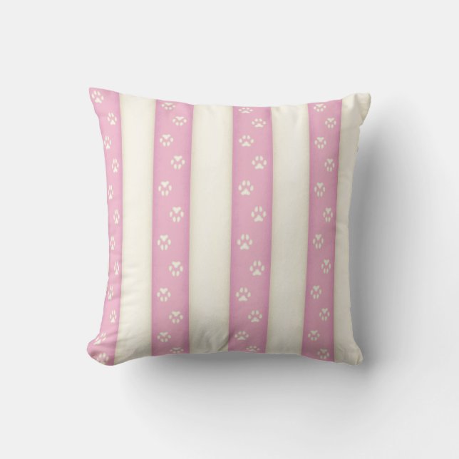 Dog Paw Prints on Pink & Antique White Stripes Cushion (Front)