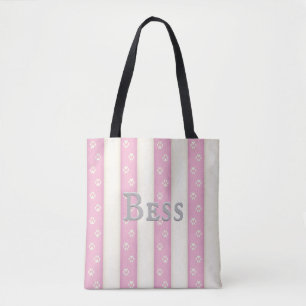 Dog Paw Prints on Pink & White Stripes Customised Tote Bag