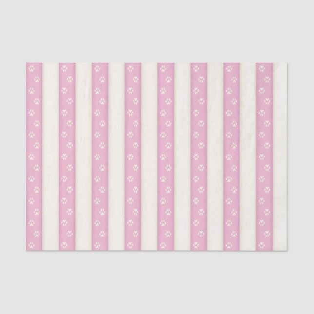Dog Paw Prints on Pink & White Stripes Pretty Tissue Paper (Front)