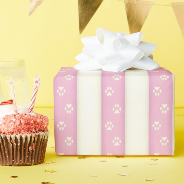 Dog Paw Prints Pink & Antique White Animal Tracks Wrapping Paper (Birthday Party)