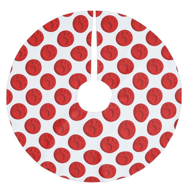Dog paw prints - red brushed polyester tree skirt (Front)