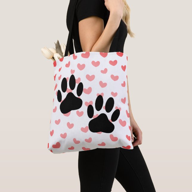 Dog Paw prints Red Hearts Tile Tote Bag (Close Up)