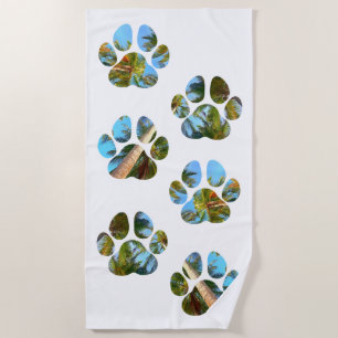 Dog Paw Prints - Tropical Palm Trees Beach Towel
