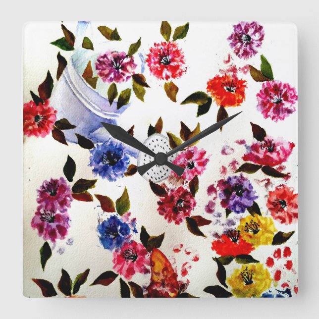 DOG PAW PRINTS WATERING CAN SQUARE WALL CLOCK (Front)