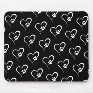 Dog Paw Prints With Heart on Black Mouse Mat