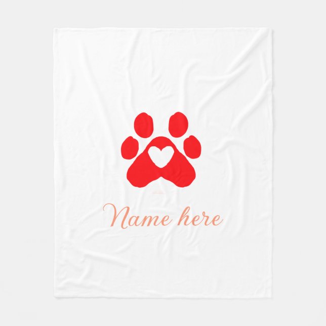 Dog paw red heart pet add name text animal paw  fleece blanket (Front)