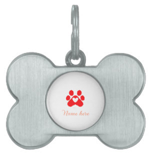 Dog paw red heart pet add name text animal paw  ID tag