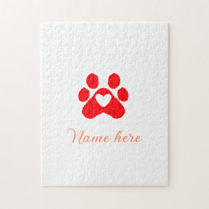 Dog paw red heart pet add name text animal paw jigsaw puzzle