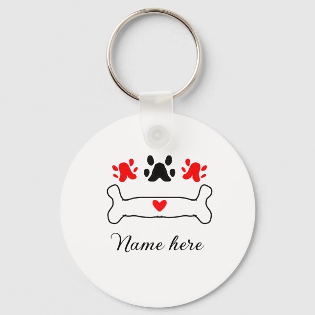 Dog paw red heart pet add name text animal paw  key ring (Front)