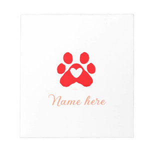 Dog paw red heart pet add name text animal paw notepad