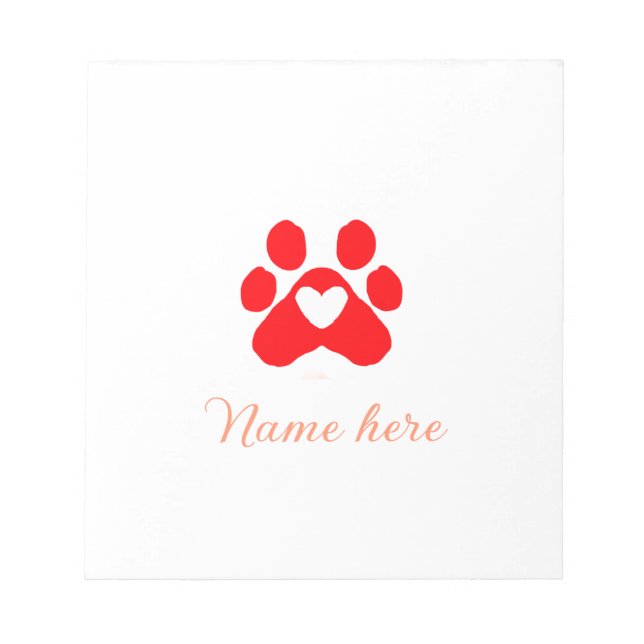 Dog paw red heart pet add name text animal paw  notepad (Front)