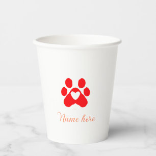 Dog paw red heart pet add name text animal paw  paper cups