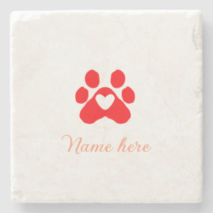 Dog paw red heart pet add name text animal paw stone coaster