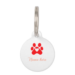 Dog paw red heart pet add name text animal paw  tag