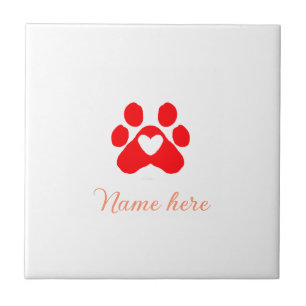Dog paw red heart pet add name text animal paw  tile