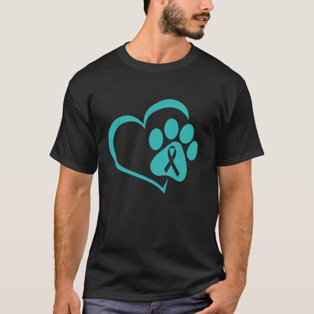 Dog Paw Teal Ribbon Cervical Cancer Awareness Cute T-Shirt (Front)