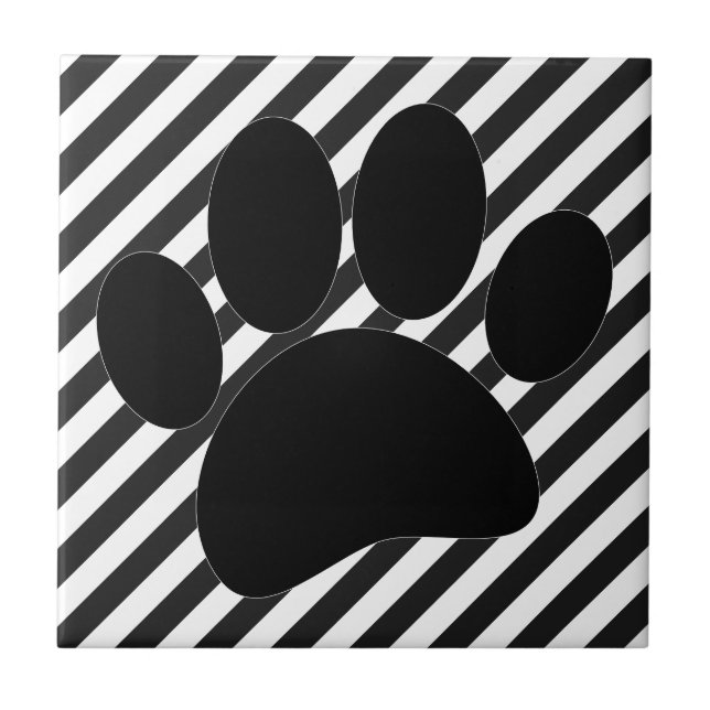 Dog Pawprint Black White Stripes Tile (Front)