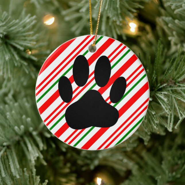 Dog Pawprint Candy Cane Ceramic Tree Decoration (Tree)
