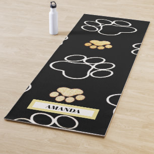 Dog Pawprint Gold White Personalised Name Yoga Mat