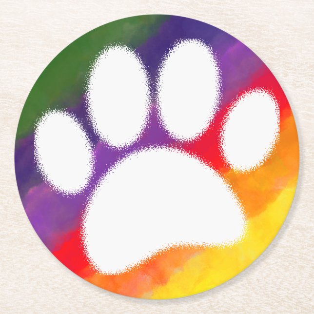 Dog Pawprint Rainbow Watercolor Round Paper Coaster (Front)