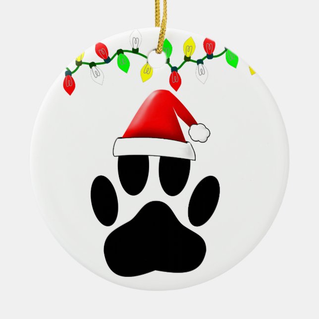 Dog Pawprint Santa Hat Christmas Lights Ceramic Tree Decoration (Front)