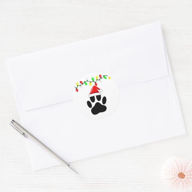 Dog Pawprint Santa Hat Christmas Lights Classic Round Sticker (Envelope)
