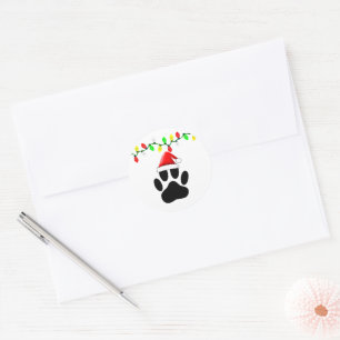 Dog Pawprint Santa Hat Christmas Lights Classic Round Sticker