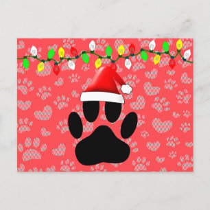 Dog Pawprint Santa Hat Christmas Lights Holiday Postcard
