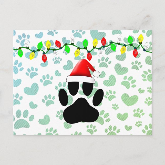 Dog Pawprint Santa Hat Christmas Lights Holiday Postcard (Front)