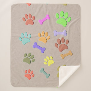 Dog Paws And Bones Faux Colourful Paper Fleece Bl Sherpa Blanket
