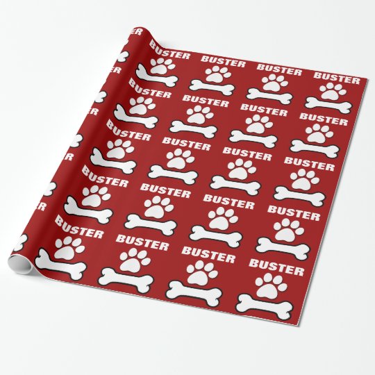 Dog Paws and Bones RED Custom Name V06 Wrapping Paper