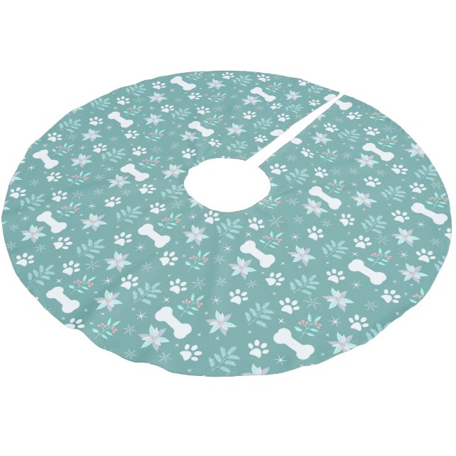 Dog Paws and Holiday Bones Pattern Brushed Polyester Tree Skirt (Angled)