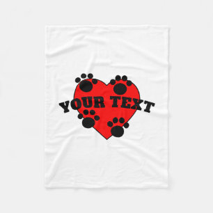 Dog Paws And Red Hearts Custom Text Fleece Blanket