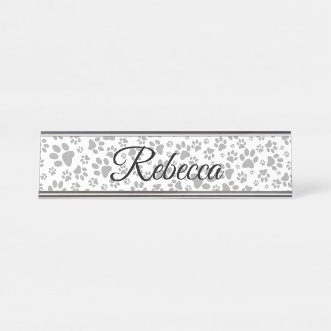 Dog Paws Black and White Polka Dot  Desk Name Plate (Front)