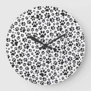 Dog Paws Black and White Polka Dot  Large Clock