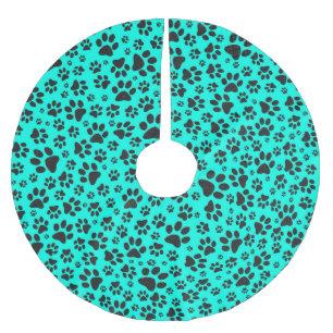 Dog Paws Black and White Polka Dot on vivid cyan Brushed Polyester Tree Skirt