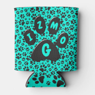 Dog Paws Black and White Polka Dot on vivid cyan Can Cooler