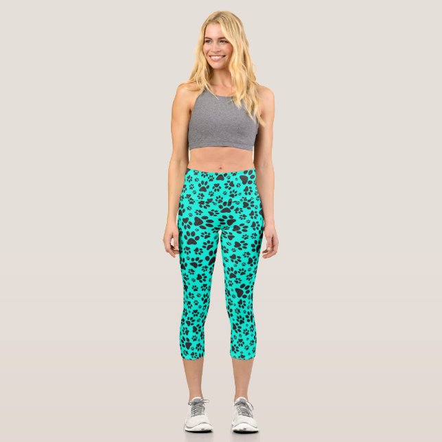 Dog Paws Black and White Polka Dot on vivid cyan  Capri Leggings (Front)