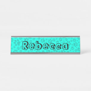 Dog Paws Black and White Polka Dot on vivid cyan Desk Name Plate
