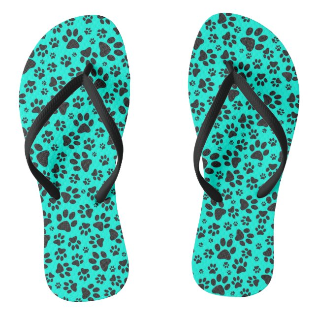 Dog Paws Black and White Polka Dot on vivid cyan  Flip Flops (Footbed)