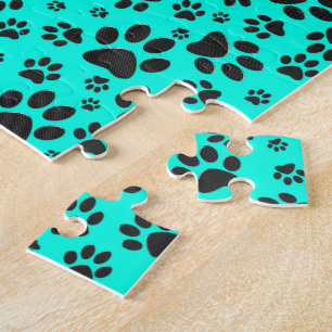 Dog Paws Black and White Polka Dot on vivid cyan Jigsaw Puzzle