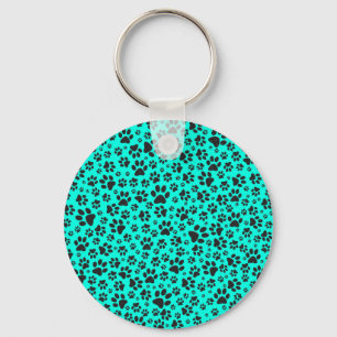 Dog Paws Black and White Polka Dot on vivid cyan Key Ring