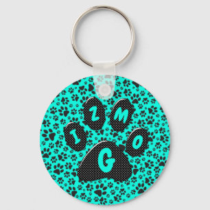 Dog Paws Black and White Polka Dot on vivid cyan   Key Ring