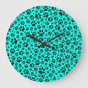 Dog Paws Black and White Polka Dot on vivid cyan Large Clock
