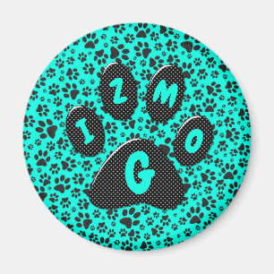 Dog Paws Black and White Polka Dot on vivid cyan Magnet