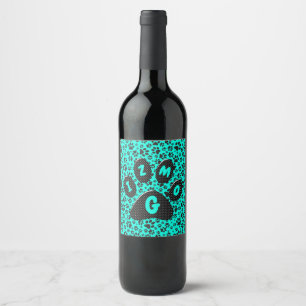 Dog Paws Black and White Polka Dot on vivid cyan Wine Label
